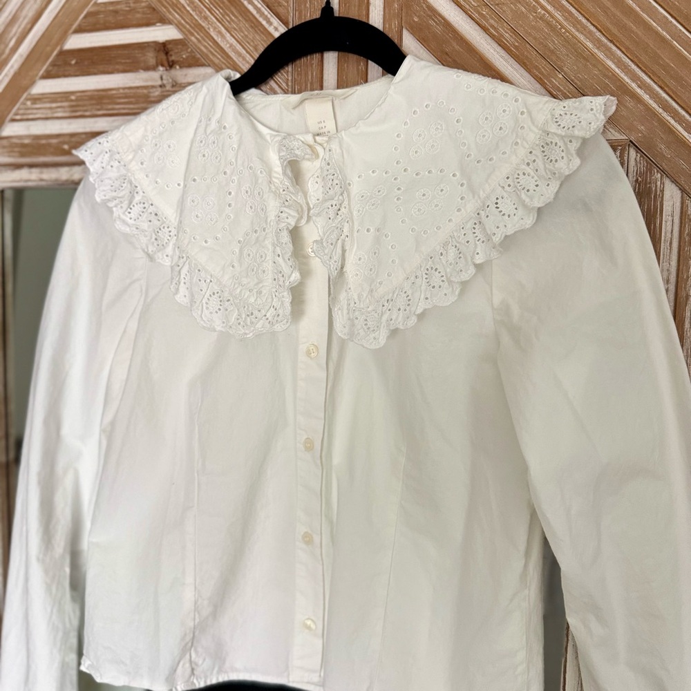 H&M White Eyelet Ruffle Button Down Shirt